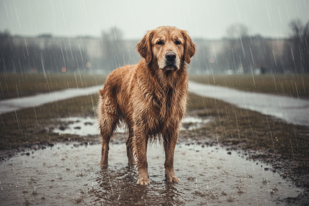 A wet dog standing outdoors on a rainy, muddy day with no jacket. The dog looks uncomfortable and soaked, with wet fur clinging to its body. The ground is muddy with puddles and splashes around the dog. Raindrops fall visibly, and the dog’s chest and belly are dirty from wet mud and splatter. The dog’s expression should show discomfort from rain and cold wind. Background: a gray, rainy urban park or sidewalk. The scene must clearly communicate that the dog is unprotected, wet, dirty, and miserable due to ra