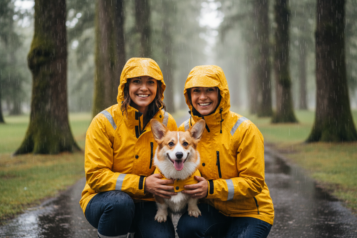 “Finally, a jacket that actually keeps my corgi dry and warm! The quality is amazing — worth every penny.” Women with dog on jacket waterproof