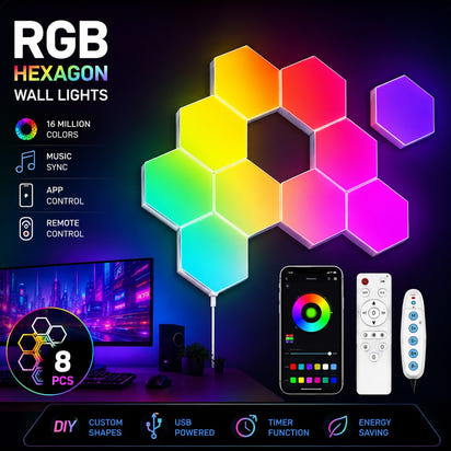 Smart Hexagon RGB Wall Lights – APP & Music Sync Panels for Gaming Room & Bedroom